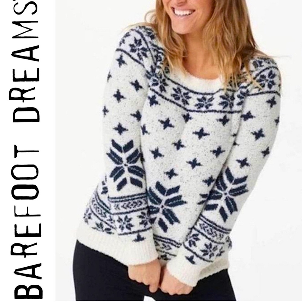 Barefoot Dreams Cozychic Seaside Crew Neck Pullover Sweater Nordic Fair Isle M - Picture 2 of 11